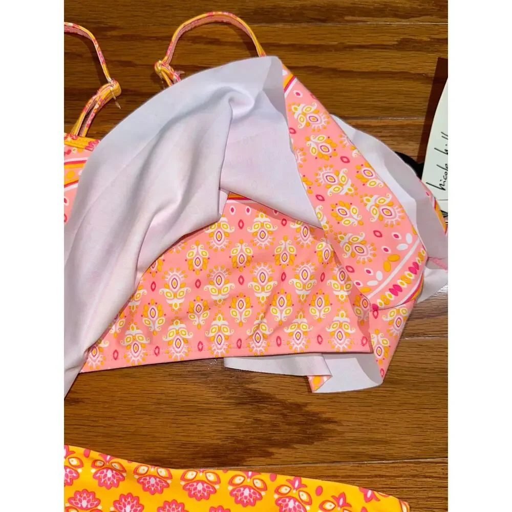 NWT Nicole Miller Girls Pink Orange Paisley 2-Piece Bikini Swim Set Size XL 14